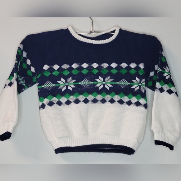 Vintage Retro 80s 90s Bull Frog Navy Blue Green White Snowflake Abstract Sweater - Picture 1 of 8